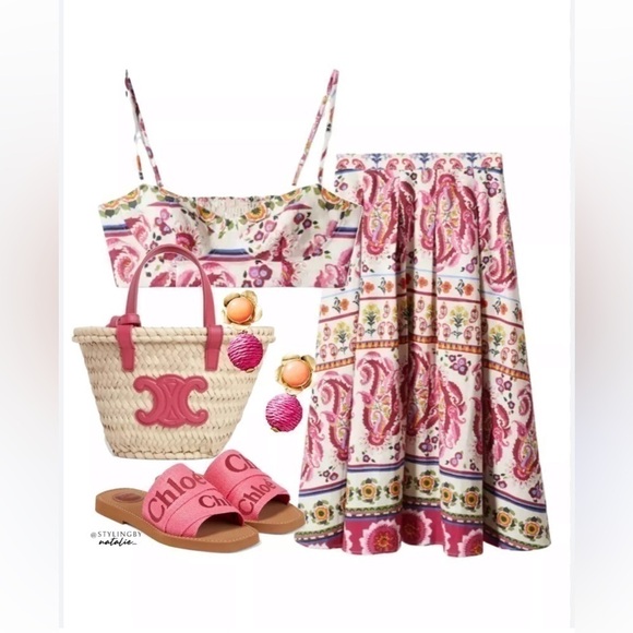 New CAROLINE CONSTAS Printed Linen Blend Bralette Crop Top and Midi Skirt Set - Picture 7 of 11